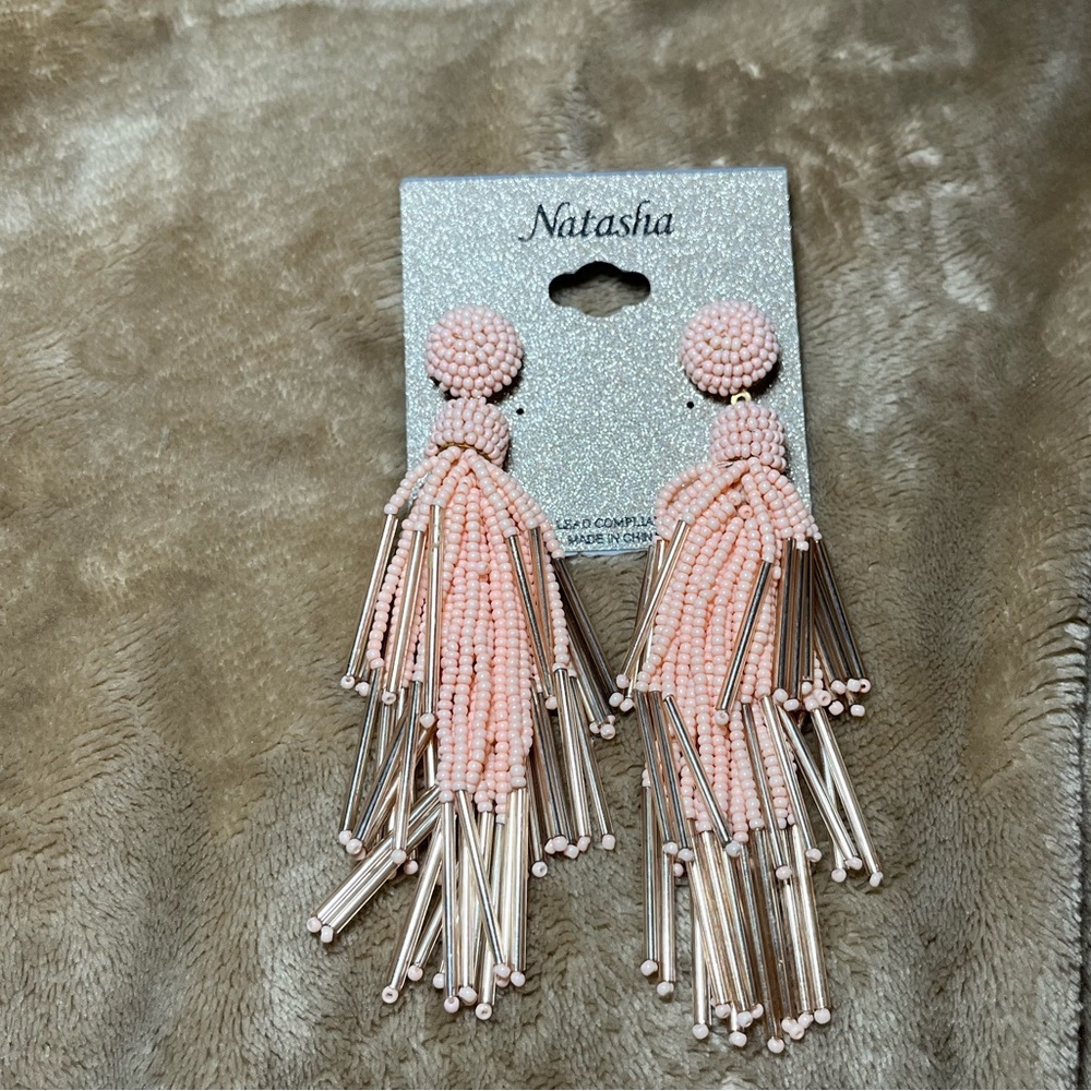Natasha Couture Beaded Tassle Earrings Blush and Rose Gold